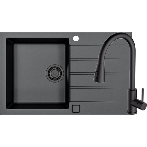 Pachet chiuveta ALVEUS Cadit 20 G91, 1 cuva, picurator reversibil, compozit granit + baterie Primrose G90, negru Pachet chiuveta ALVEUS Cadit 20 G91, 1 cuva, picurator reversibil, compozit granit + baterie Primrose G90, negru