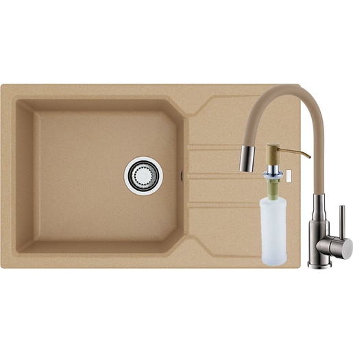 Pachet chiuveta ALVEUS Record 40 G55, 1 cuva, picurator reversibil, compozit granit + baterie Flexa + dozator, bej Pachet chiuveta ALVEUS Record 40 G55, 1 cuva, picurator reversibil, compozit granit + baterie Flexa + dozator, bej