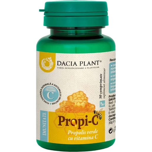 Supliment Propi-C Propolis verde + Vitamina C, Zinc si D3, 30 comprimate, DACIA PLANT Supliment Propi-C Propolis verde + Vitamina C, Zinc si D3, 30 comprimate, DACIA PLANT