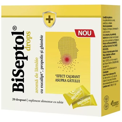 Supliment alimentar Biseptol, aroma de lamaie, 20 dropsuri, DACIA PLANT Supliment alimentar Biseptol, aroma de lamaie, 20 dropsuri, DACIA PLANT
