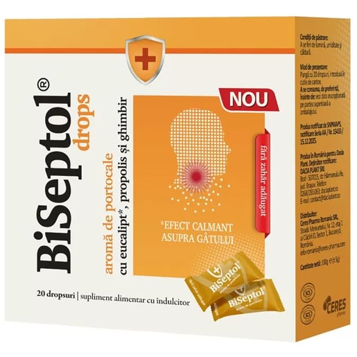 Supliment alimentar Biseptol, aroma de portocala, 20 dropsuri, DACIA PLANT Supliment alimentar Biseptol, aroma de portocala, 20 dropsuri, DACIA PLANT