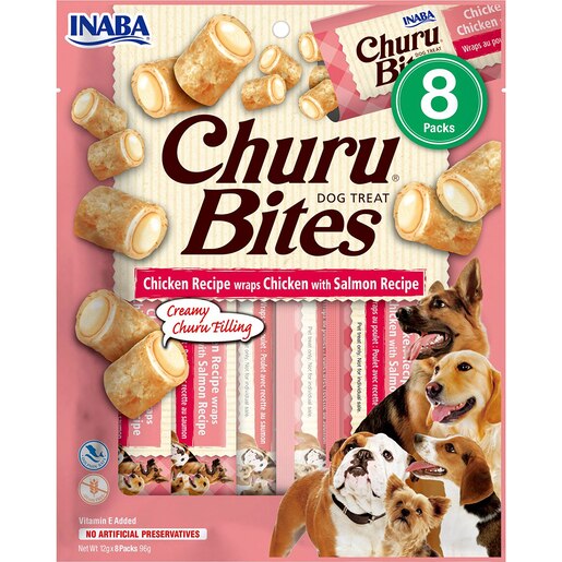 Recompense pentru caini INABA Churu Bites, Pui si Somon, 8 x 12g Recompense pentru caini INABA Churu Bites, Pui si Somon, 8 x 12g