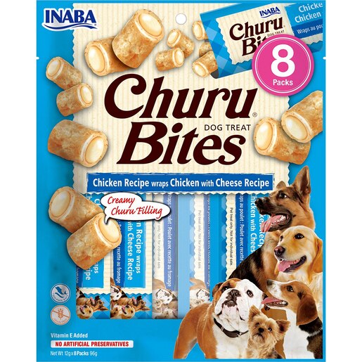 Recompense pentru caini INABA Churu Bites, Pui si Branza, 8 x 12g Recompense pentru caini INABA Churu Bites, Pui si Branza, 8 x 12g