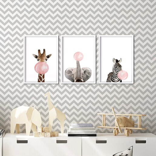 Set 3 tablouri cu rama Animale, 23 x 33 cm, PVC, roz Set 3 tablouri cu rama Animale, 23 x 33 cm, PVC, roz