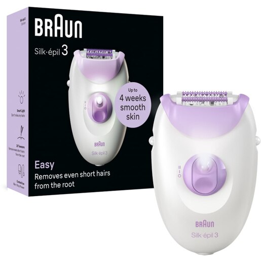 Epilator BRAUN Silk-epil 3 SE3-000, 20 pensete, 2 viteze, SmartLight, retea, alb-violet Epilator BRAUN Silk-epil 3 SE3-000, 20 pensete, 2 viteze, SmartLight, retea, alb-violet