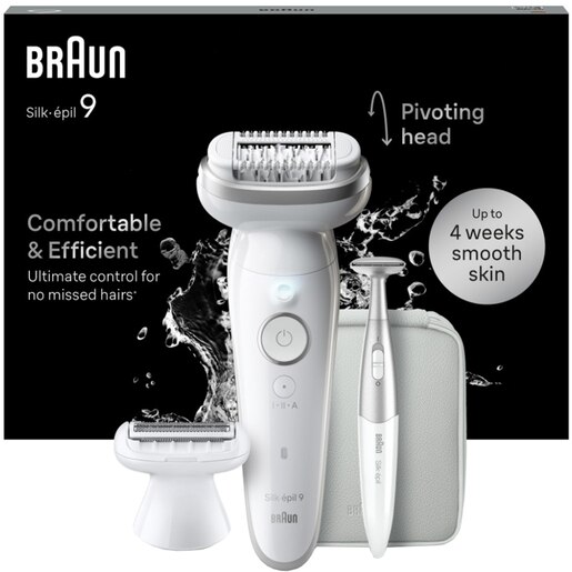 Epilator BRAUN Silk-epil 9 SES9-241, 40 pensete, 2 viteze, 10 accesorii, SmartLight, MicroGrip, Wet&Dry, acumulator, alb-argintiu Epilator BRAUN Silk-epil 9 SES9-241, 40 pensete, 2 viteze, 10 accesorii, SmartLight, MicroGrip, Wet&Dry, acumulator, alb-argintiu