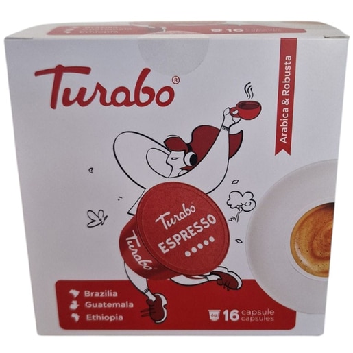 Capsule cafea TURABO Espresso, compatibile Dolce Gusto, 16 capsule, 96 g Capsule cafea TURABO Espresso, compatibile Dolce Gusto, 16 capsule, 96 g