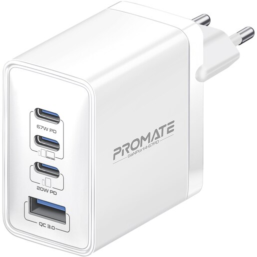 Incarcator retea PROMATE GaNPort4-67PD, 3x USB-C, 1x USB-A, 67W, alb Incarcator retea PROMATE GaNPort4-67PD, 3x USB-C, 1x USB-A, 67W, alb