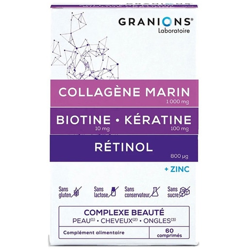 Supliment Complex Beaute pentru piele, par, unghii - Colagen marin tip I, Biotina, Keratina si Retinol + Zinc, 60 comprimate, GRANIONS Supliment Complex Beaute pentru piele, par, unghii - Colagen marin tip I, Biotina, Keratina si Retinol + Zinc, 60 comprimate, GRANIONS