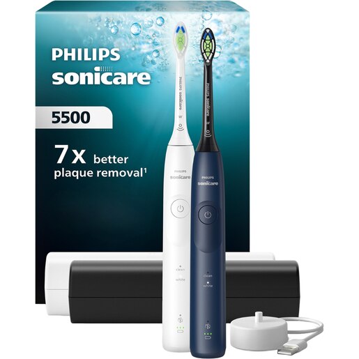 Set 2 Periute de dinti electrice PHILIPS Sonicare 5500 HX7119/01, 62000 miscari/min, 2 programe, 2 capete, alb-albastru inchis Set 2 Periute de dinti electrice PHILIPS Sonicare 5500 HX7119/01, 62000 miscari/min, 2 programe, 2 capete, alb-albastru inchis