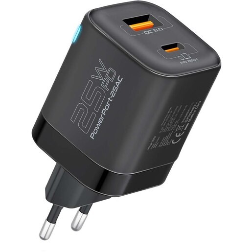 Incarcator retea PROMATE PowerPort-25AC, 1xUSB-C Power Delivery 25W, 1xUSB-A Quick Charge 18W, negru Incarcator retea PROMATE PowerPort-25AC, 1xUSB-C Power Delivery 25W, 1xUSB-A Quick Charge 18W, negru