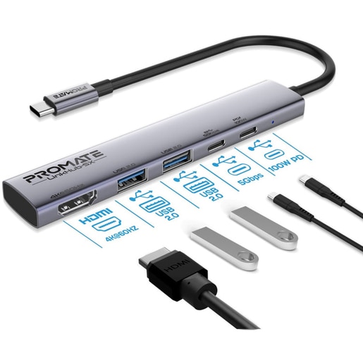 Hub USB Type-C PROMATE LinkHub-5X, USB-A, USB-C, HDMI, gri Hub USB Type-C PROMATE LinkHub-5X, USB-A, USB-C, HDMI, gri