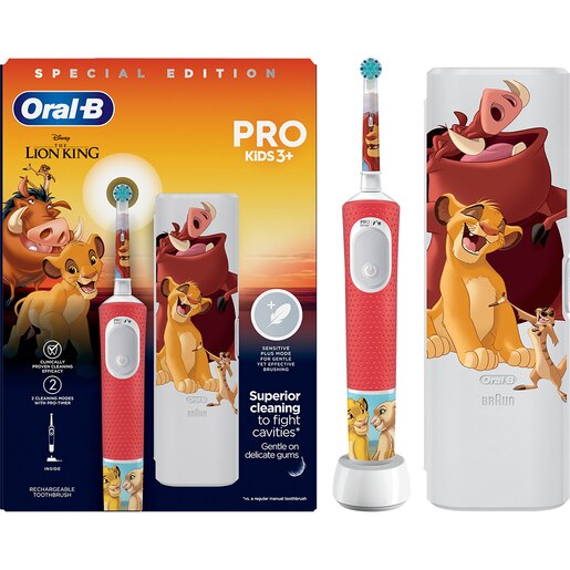 Periuta de dinti electrica copii ORAL-B Pro Kids Lion King, 7600 miscari/min, 2 programe, 1 capat, rosu Periuta de dinti electrica copii ORAL-B Pro Kids Lion King, 7600 miscari/min, 2 programe, 1 capat, rosu