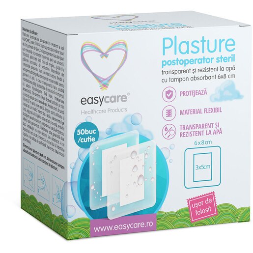 Plasture postoperator steril, transparent si rezistent la apa EASYCARE, 6x8cm, 50buc Plasture postoperator steril, transparent si rezistent la apa EASYCARE, 6x8cm, 50buc