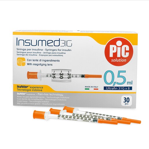 Seringa cu lupa 1 unitate insulina PIC Solution Insumed, 0.5ml 31gx8mm, 30 bucati Seringa cu lupa 1 unitate insulina PIC Solution Insumed, 0.5ml 31gx8mm, 30 bucati
