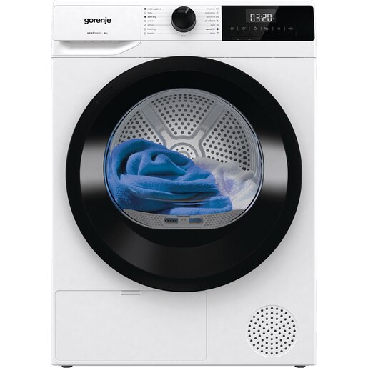 Uscator de rufe GORENJE DHNE82, Pompa de caldura, 8 kg, 15 programe, Clasa D, alb Uscator de rufe GORENJE DHNE82, Pompa de caldura, 8 kg, 15 programe, Clasa D, alb