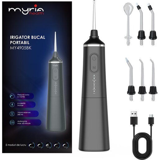 Irigator bucal MYRIA MY4905BK, 6 capete, 240ml, negru Irigator bucal MYRIA MY4905BK, 6 capete, 240ml, negru
