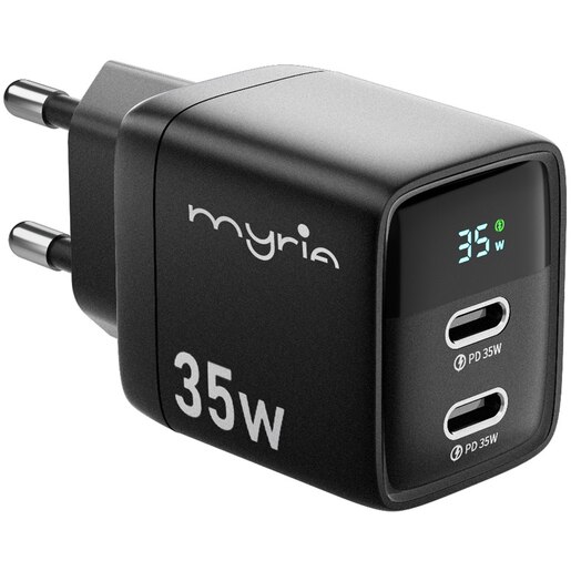 Incarcator retea MYRIA MY9096, 2x USB-C, Power Delivery (PD) 35W, negru Incarcator retea MYRIA MY9096, 2x USB-C, Power Delivery (PD) 35W, negru
