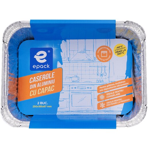 Caserola EPACK, aluminiu, cu capac, 25 x 18.5 x 6.7 cm, 2 bucati Caserola EPACK, aluminiu, cu capac, 25 x 18.5 x 6.7 cm, 2 bucati