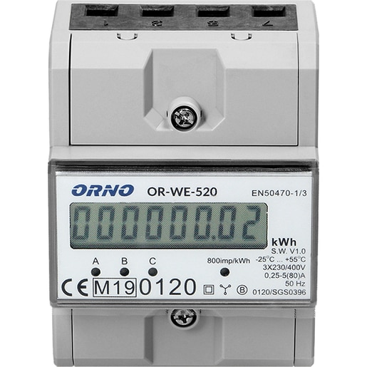Contor trifazat ORNO OR-WE-520, 80A, 230V, IP20, alb Contor trifazat ORNO OR-WE-520, 80A, 230V, IP20, alb