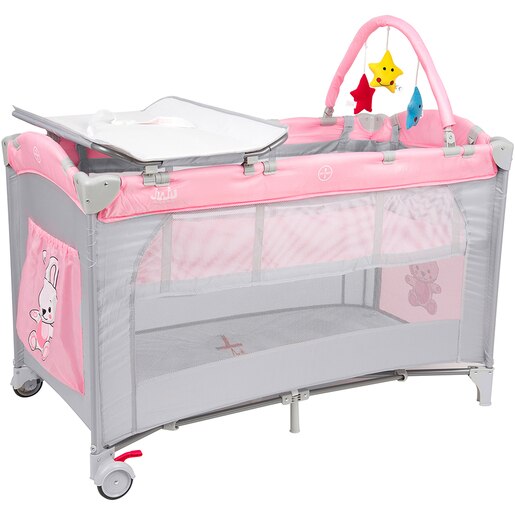 Patut pliabil JUJU Sleepy Baby - Hunny Bunny JU7970HB, 0 luni+, gri-roz Patut pliabil JUJU Sleepy Baby - Hunny Bunny JU7970HB, 0 luni+, gri-roz