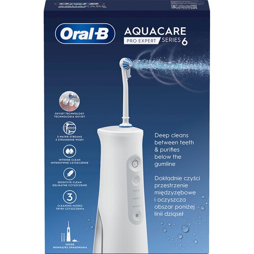 Irigator bucal ORAL-B Aquacare 6, 3 viteze, 3 capete, 150 ml, alb Irigator bucal ORAL-B Aquacare 6, 3 viteze, 3 capete, 150 ml, alb