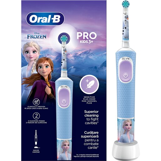 Periuta de dinti electrica copii ORAL-B Pro Kids Frozen, 7600 miscari/min, Curatare 2D, 2 programe, 1 capat, albastru Periuta de dinti electrica copii ORAL-B Pro Kids Frozen, 7600 miscari/min, Curatare 2D, 2 programe, 1 capat, albastru