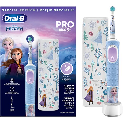 Periuta de dinti electrica copii ORAL-B Pro Kids Frozen, 7600 miscari/min, Curatare 2D, 2 programe, 1 capat, albastru Periuta de dinti electrica copii ORAL-B Pro Kids Frozen, 7600 miscari/min, Curatare 2D, 2 programe, 1 capat, albastru