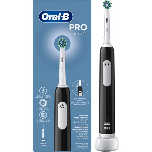 Periuta de dinti electrica ORAL-B Pro 1, 20000 pulsatii/min, Curatare 3D, Timer, 3 programe, 1 capat, negru Periuta de dinti electrica ORAL-B Pro 1, 20000 pulsatii/min, Curatare 3D, Timer, 3 programe, 1 capat, negru