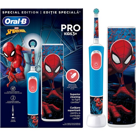 Periuta de dinti electrica copii ORAL-B Pro Kids Spiderman, 7600 miscari/min, Curatare 2D, 2 programe, 1 capat, albastru Periuta de dinti electrica copii ORAL-B Pro Kids Spiderman, 7600 miscari/min, Curatare 2D, 2 programe, 1 capat, albastru