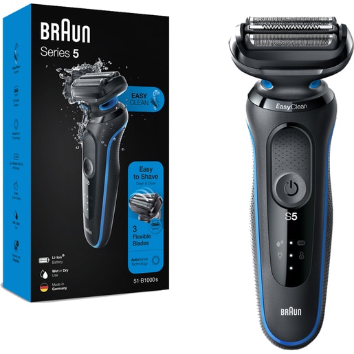 Aparat de ras BRAUN Series 5 51-B1000s, Wet&Dry, AutoSense, Easy Click, autonomie 50 min, 3 elemente de taiere, negru-albastru Aparat de ras BRAUN Series 5 51-B1000s, Wet&Dry, AutoSense, Easy Click, autonomie 50 min, 3 elemente de taiere, negru-albastru