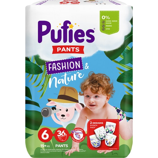 Scutece chilotel PUFIES Fashion&Nature Extra Large nr 6, Unisex, 15 kg+, 36 buc Scutece chilotel PUFIES Fashion&Nature Extra Large nr 6, Unisex, 15 kg+, 36 buc