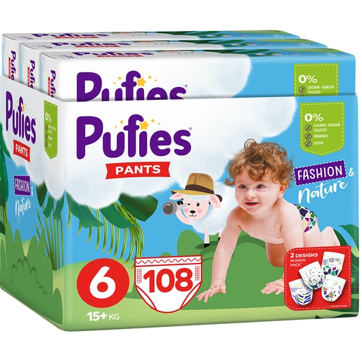 Scutece chilotel PUFIES Fashion & Nature Extra Large nr 6, Unisex, 15+ kg, 108 buc Scutece chilotel PUFIES Fashion & Nature Extra Large nr 6, Unisex, 15+ kg, 108 buc
