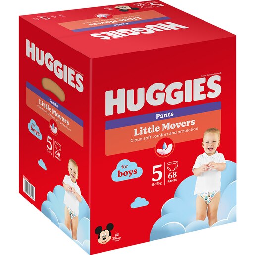 Scutece chilotel HUGGIES Little Movers Box nr 5, Baiat, 12-17 kg, 68 buc Scutece chilotel HUGGIES Little Movers Box nr 5, Baiat, 12-17 kg, 68 buc