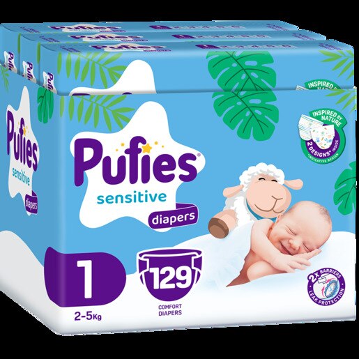 Scutece PUFIES Sensitive Newborn nr 1, Unisex, 2-5 kg, 129 buc Scutece PUFIES Sensitive Newborn nr 1, Unisex, 2-5 kg, 129 buc