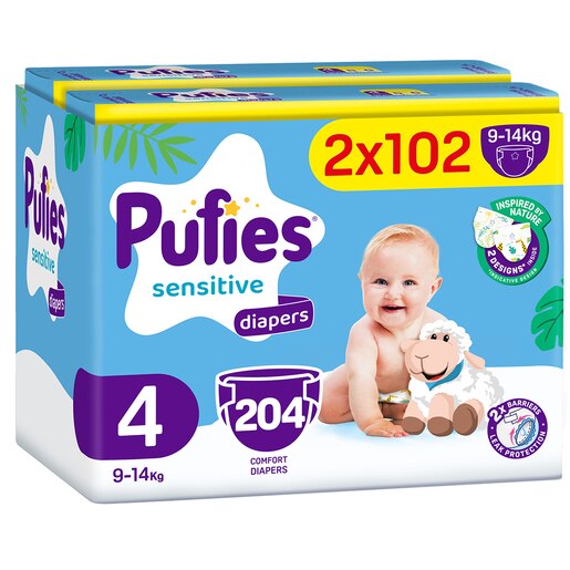 Scutece PUFIES Sensitive Mega Pack nr 4, 9-14 kg, 204 buc Scutece PUFIES Sensitive Mega Pack nr 4, 9-14 kg, 204 buc