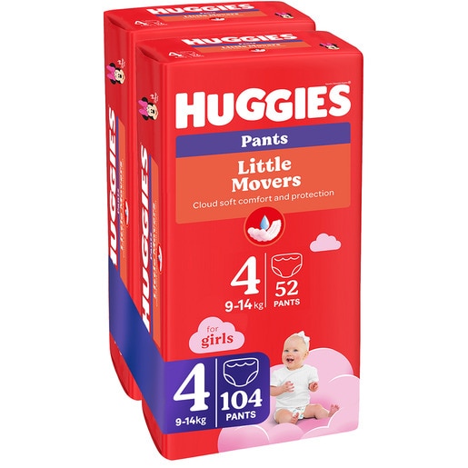 Scutece chilotel HUGGIES Little Movers nr 4, Fata, 9-14 kg, 104 buc Scutece chilotel HUGGIES Little Movers nr 4, Fata, 9-14 kg, 104 buc