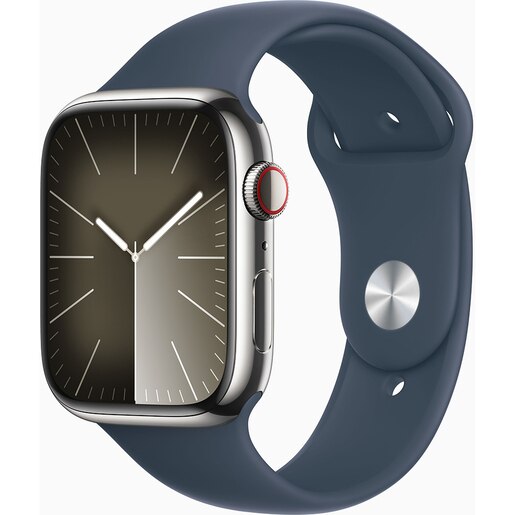 APPLE Watch Series 9, GPS + Cellular, 45mm Silver Stainless Steel Case, Storm Blue Sport Band - M/L APPLE Watch Series 9, GPS + Cellular, 45mm Silver Stainless Steel Case, Storm Blue Sport Band - M/L