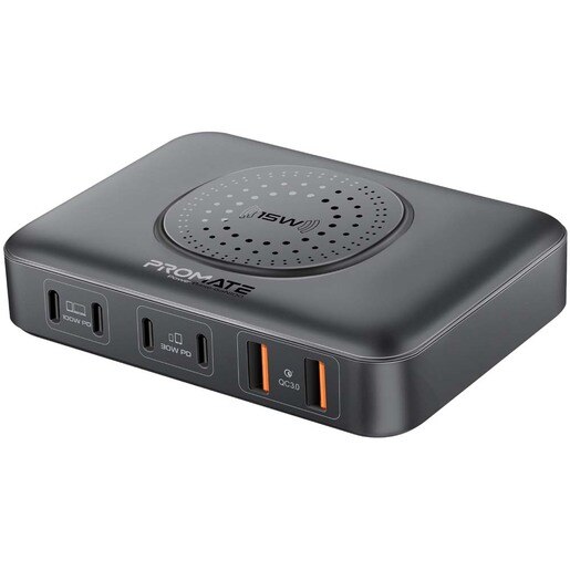 Statie incarcare wireless PROMATE PowerBase-GaN100, 4xUSB-C Power Delivery 30W-100W, 2xUSB-A Quick Charge 30W, Wireless 15W, negru Statie incarcare wireless PROMATE PowerBase-GaN100, 4xUSB-C Power Delivery 30W-100W, 2xUSB-A Quick Charge 30W, Wireless 15W, negru