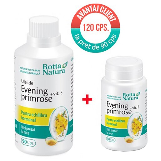 Supliment alimentar Pachet Evening Primrose + Vitamina E, 120 capsule, ROTTA NATURA Supliment alimentar Pachet Evening Primrose + Vitamina E, 120 capsule, ROTTA NATURA