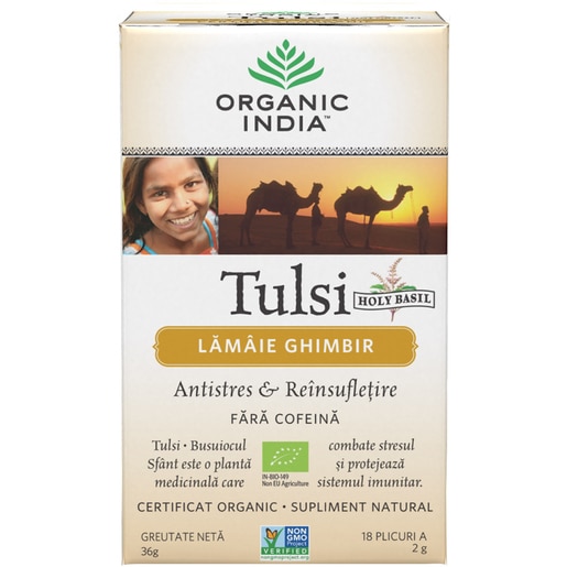 Ceai ORGANIC INDIA Tulsi Lamaie si Ghimbir, 18 plicuri, 36g Ceai ORGANIC INDIA Tulsi Lamaie si Ghimbir, 18 plicuri, 36g