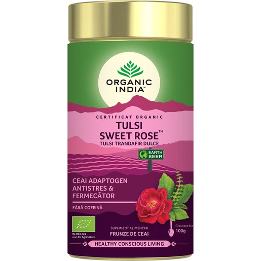 Ceai ORGANIC INDIA Tulsi Trandafir Dulce, 100g Ceai ORGANIC INDIA Tulsi Trandafir Dulce, 100g