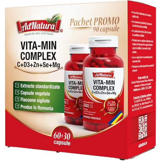 Supliment alimentar Vita-min Complex C+D3+Zn+Se+Mg pachet, 60+30 capsule, ADNATURA Supliment alimentar Vita-min Complex C+D3+Zn+Se+Mg pachet, 60+30 capsule, ADNATURA