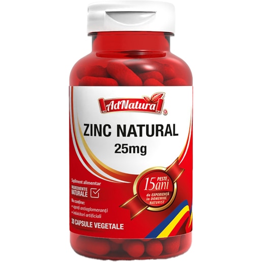 Supliment alimentar Zinc Natural 25 mg, 30 capsule, ADNATURA Supliment alimentar Zinc Natural 25 mg, 30 capsule, ADNATURA