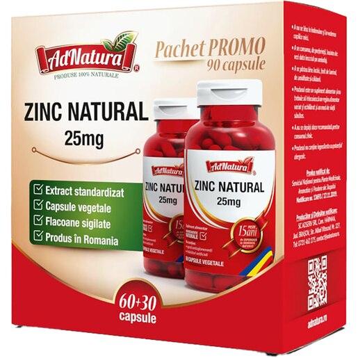 Supliment alimentar Zinc Natural 25 mg pachet, 60+30 capsule, ADNATURA Supliment alimentar Zinc Natural 25 mg pachet, 60+30 capsule, ADNATURA