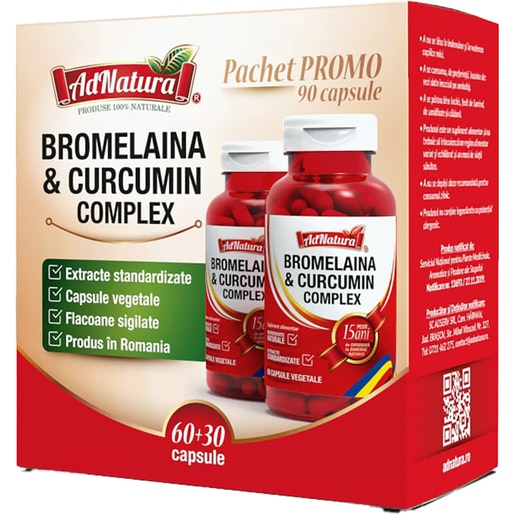 Supliment alimentar Bromelaina si Curcumin Complex pachet, 60+30 capsule, ADNATURA Supliment alimentar Bromelaina si Curcumin Complex pachet, 60+30 capsule, ADNATURA