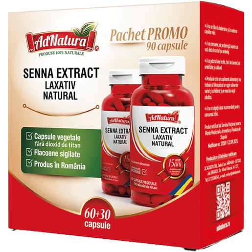 Supliment alimentar Senna Extract pachet, 60+30 capsule, ADNATURA Supliment alimentar Senna Extract pachet, 60+30 capsule, ADNATURA