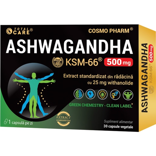 Supliment alimentar KSM-66 Ashwagandha 500 mg, 30 capsule, COSMO PHARM Supliment alimentar KSM-66 Ashwagandha 500 mg, 30 capsule, COSMO PHARM