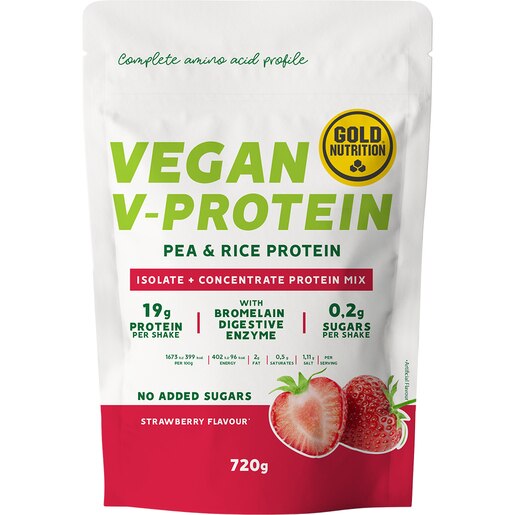 Pudra proteica vegetala V-Protein, capsuni, 720 g, GOLDNUTRITION Pudra proteica vegetala V-Protein, capsuni, 720 g, GOLDNUTRITION