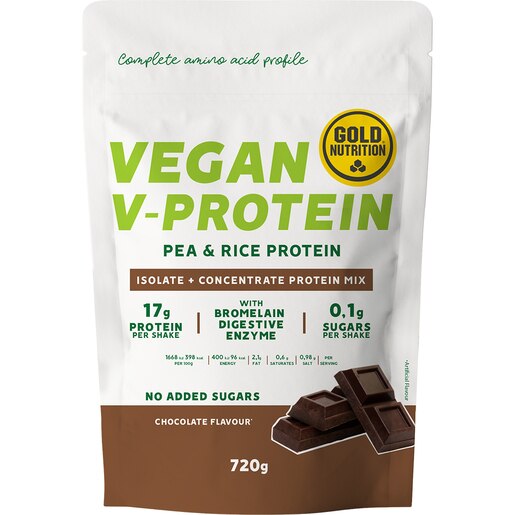 Pudra proteica vegetala V-Protein, ciocolata, 720 g, GOLDNUTRITION Pudra proteica vegetala V-Protein, ciocolata, 720 g, GOLDNUTRITION